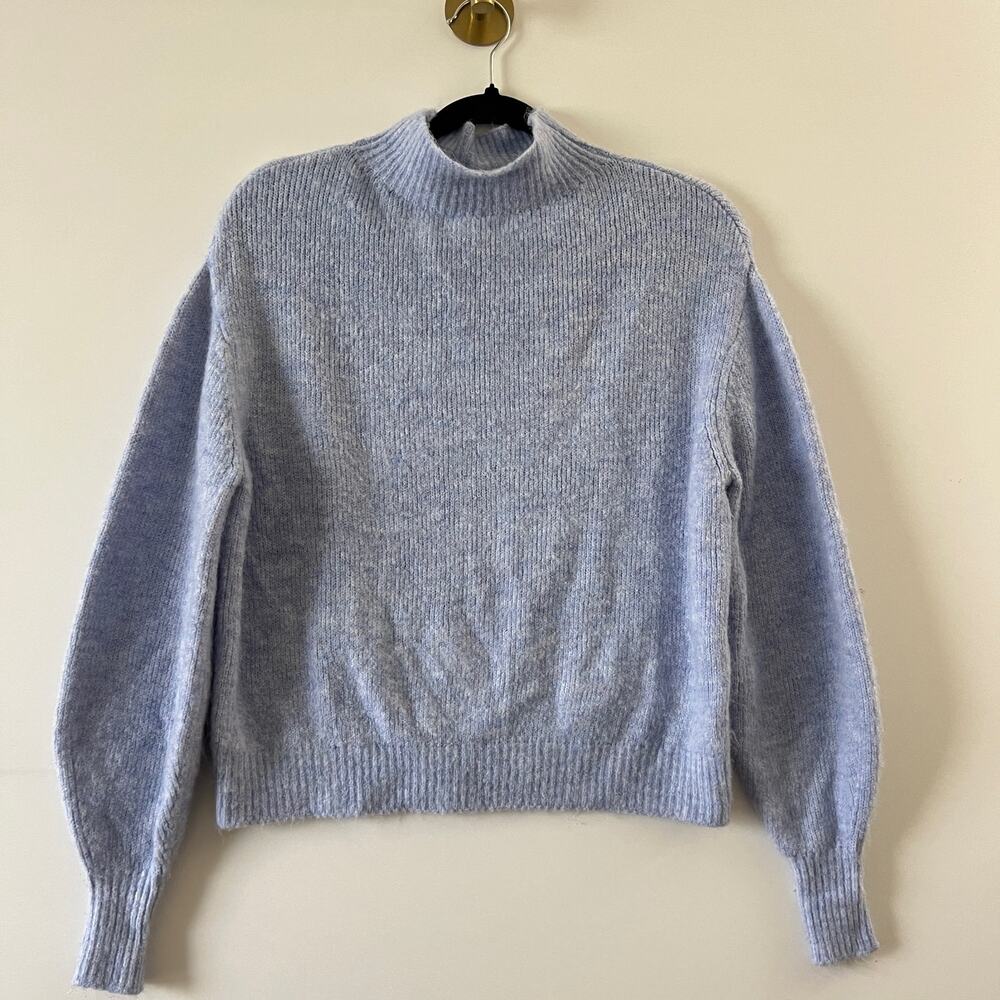 WHBM Periwinkle Blue Mock Neck Eyelash Fringe Balloon Sleeve Sweater Women Small